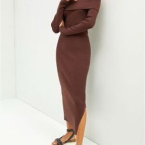 Anthropologie Brown Ribbed Off-Shoulder Sheath Dress